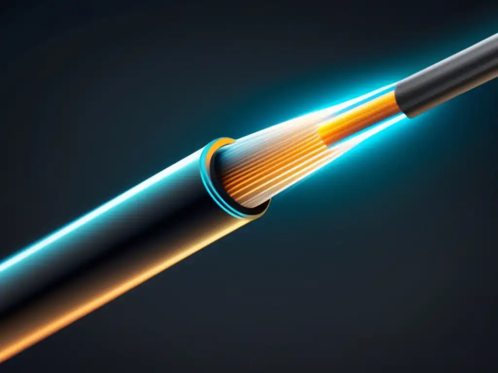 Innovaciones fibra óptica comunicación global: cable futurista de fibra óptica iluminado y elegante en fondo oscuro