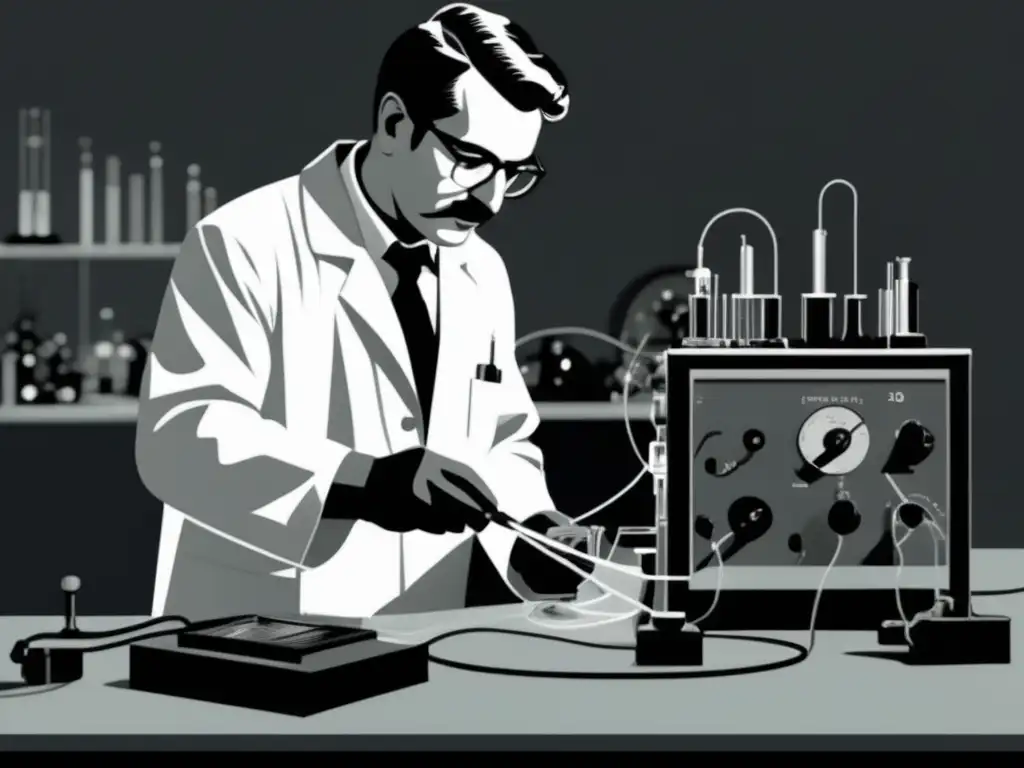 Historia de la fibra óptica: científico manipulando delicado cable óptico en laboratorio vintage