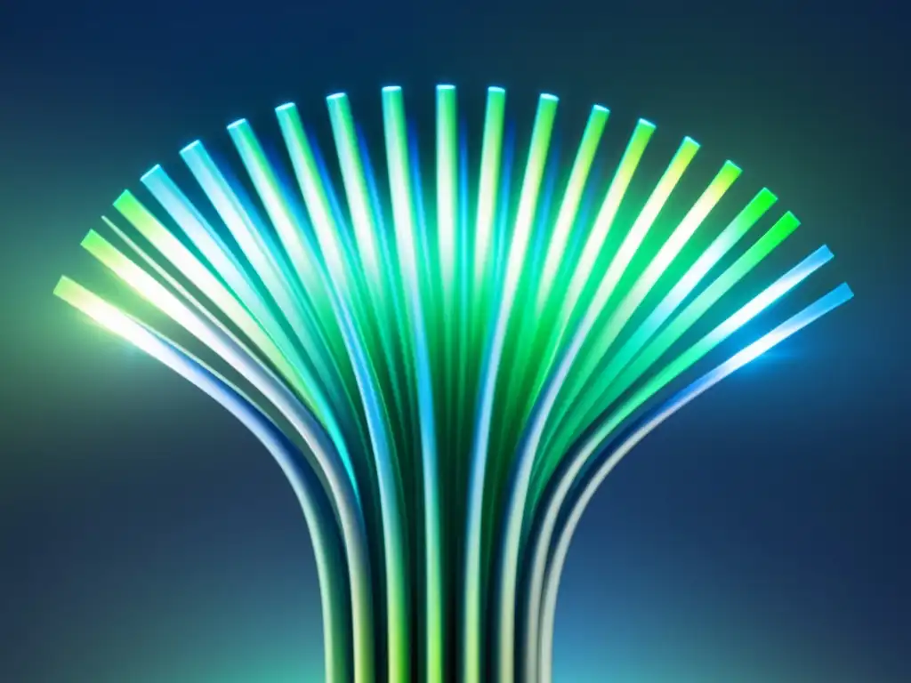 Ventajas de la fibra óptica: cable moderno, iluminado en azul y verde con patrón alineado, simbolizando la transmisión de datos de alta velocidad