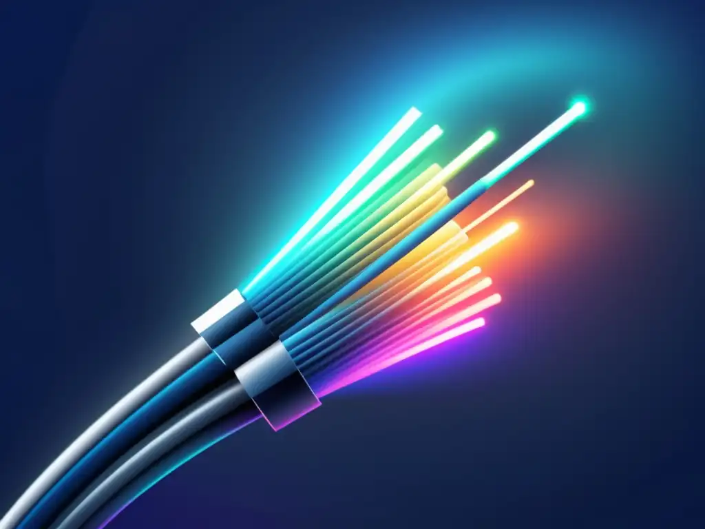 Beneficios fibra óptica: Estructura y colores vibrantes de un cable óptico iluminado, transmite datos con elegancia y sofisticación