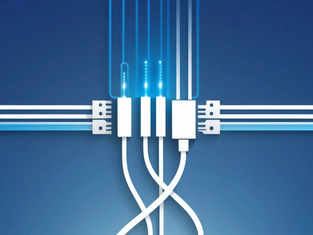 Importancia de fibra óptica en neutralidad de red: ilustración minimalista y moderna, cable conecta computadora y smartphone