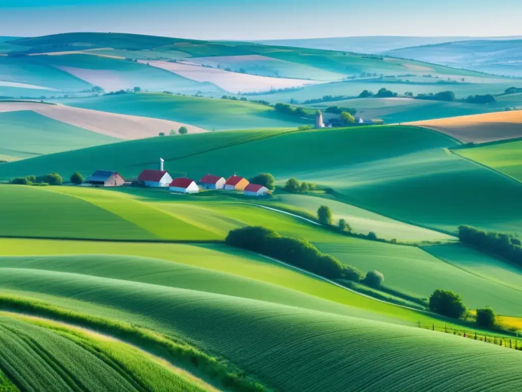 Desafíos de la fibra óptica rural en un paisaje rural con colinas y campos expansivos, una pequeña comunidad y una torre moderna