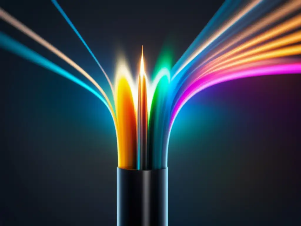 Beneficios y avances de la fibra óptica: cable minimalista revelando estructura interna, reflejos y transmisión de luz en vibrantes colores