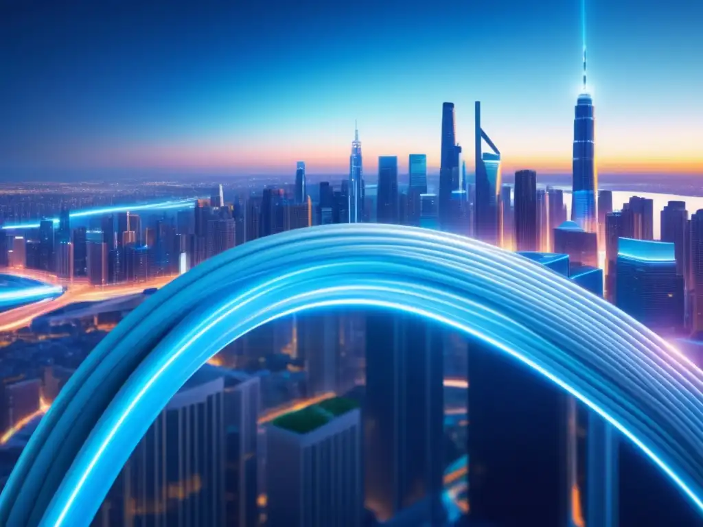 Impacto de la fibra óptica en la ciudad futurista con cable azul iluminado y paisaje urbano vibrante