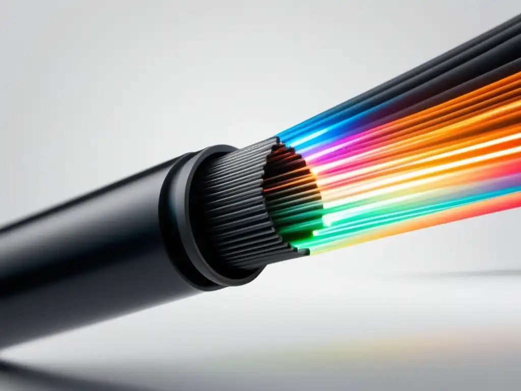 Beneficios fibra óptica: Cable negro elegante y eficiente, transmitiendo datos a alta velocidad con brillo y colores vibrantes