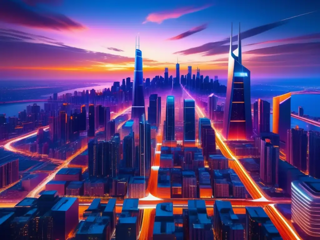 Futurista ciudad al atardecer con edificios modernos y fibra óptica, simbolizando los beneficios de la fibra óptica en el 5G