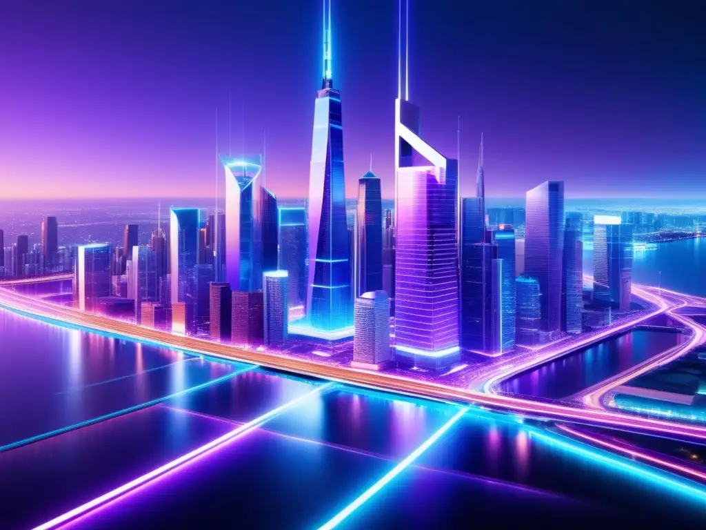 Ciudad futurista iluminada por cables de fibra óptica, resaltando la tecnología 5G y beneficios de la fibra óptica en 5G