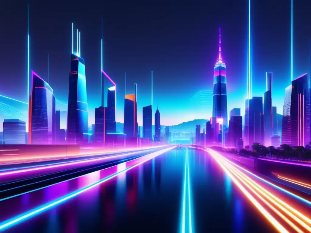 Futurista ciudad iluminada por luces neón muestra beneficios de fibra óptica para IoT