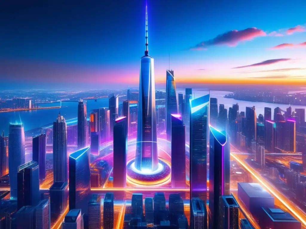 Beneficios de la fibra óptica en 5G: Futurista ciudad iluminada por vibrantes haces de luz, destacando torre 5G minimalista con cables de fibra óptica