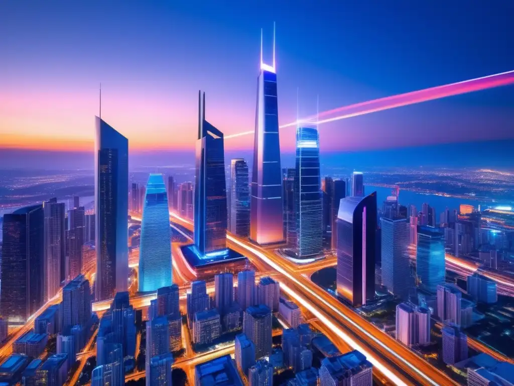 Futurista ciudad al atardecer, con modernos edificios iluminados por rayos de luz, destacando las ventajas y funcionamiento de la fibra óptica