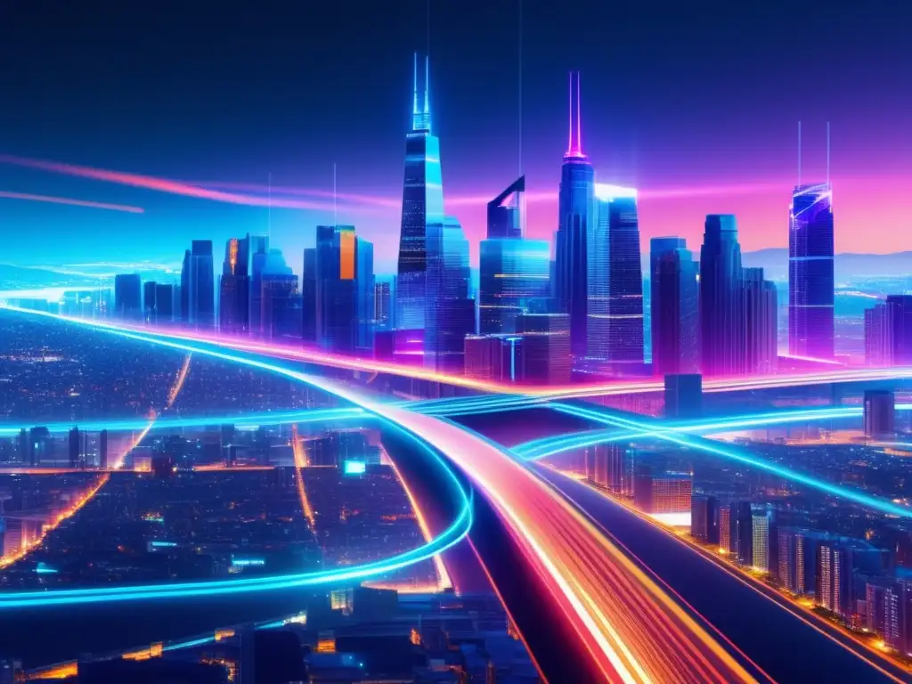 Ciudad futurista con cables de fibra óptica iluminados, transmitiendo datos y representando los beneficios de la comunicación global