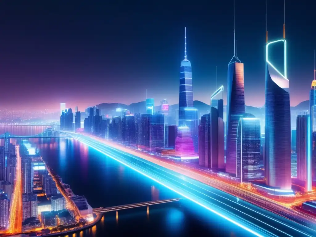 Solución conectividad futura fibra óptica en ciudad futurista con luces neon y edificios de vidrio y acero