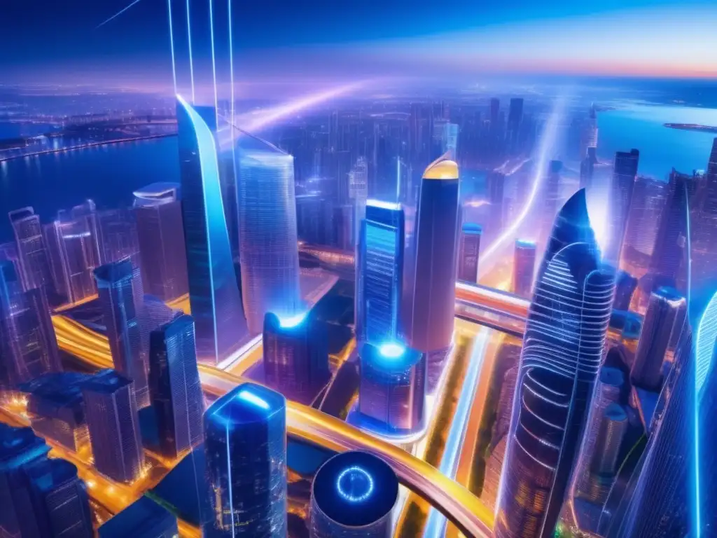 Ventajas de la fibra óptica en una ciudad futurista: 8K imagen detallada con edificios minimalistas y red de cables ópticos iluminando