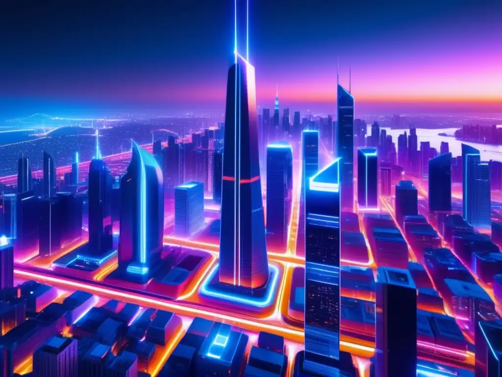 Futurista ciudad nocturna con rascacielos minimalistas y vibrantes luces de neón