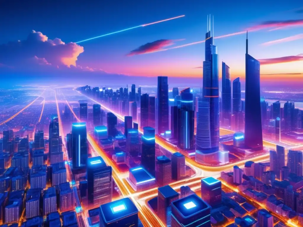 Ciudad futurista al atardecer, con edificios modernos y luces LED representando la interconexión de la fibra óptica y el 5G