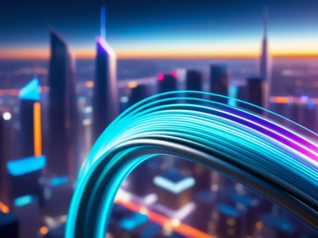 Beneficios de la fibra óptica en el paisaje urbano futurista con un cable de vidrio transparente y luminoso de alta resolución