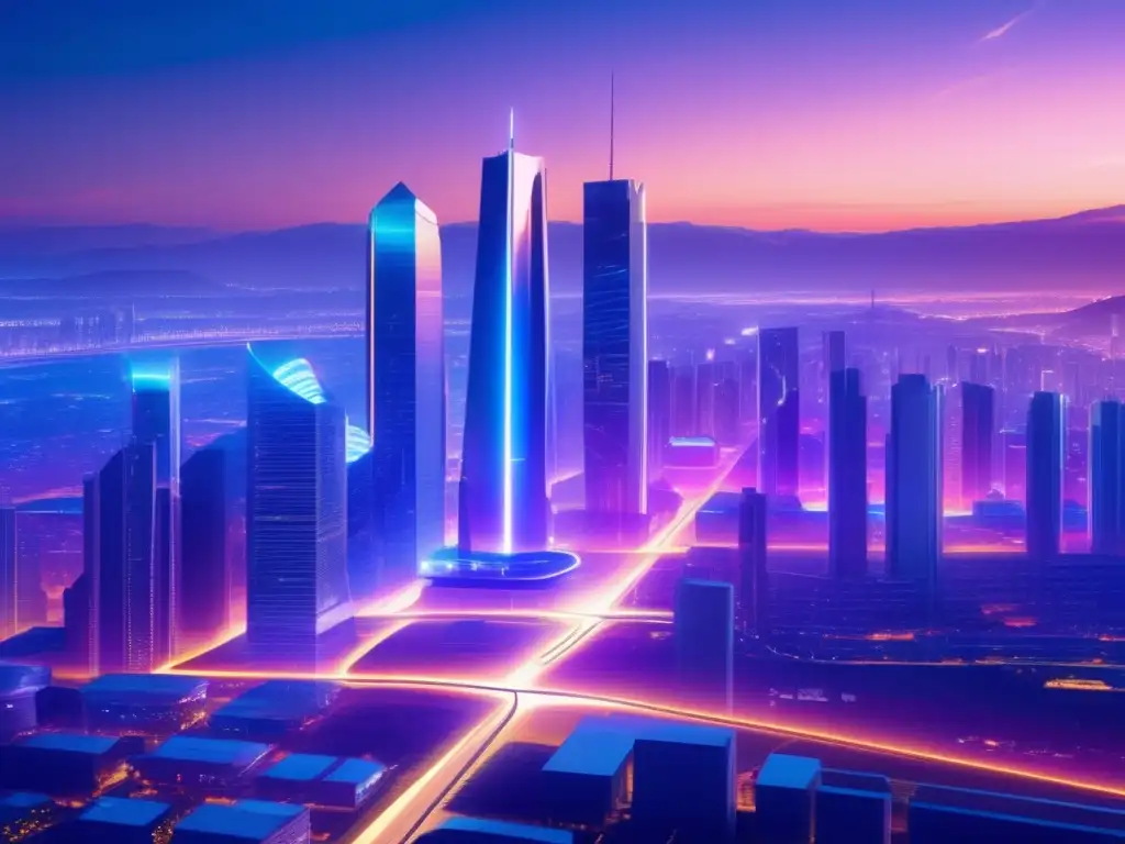 Ciudad futurista con edificios modernos y luces LED, reflejando la fusión de tecnología y naturaleza