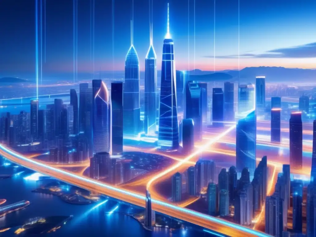 Avances en fibra óptica revolucionaria en una ciudad futurista iluminada por cables interconectados, mostrando la transformación tecnológica