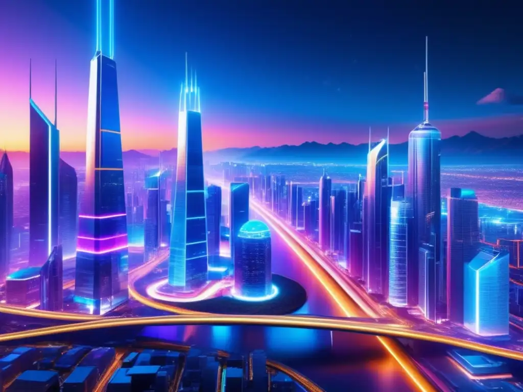 Ciudad futurista con edificios de vidrio y acero, iluminada por luces neón