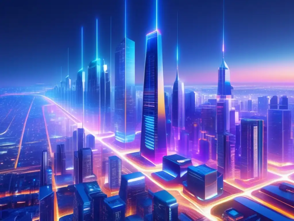 Futuro de la velocidad de internet: ciudad futurista con edificios minimalistas y paneles de fibra óptica reflejando luces vibrantes