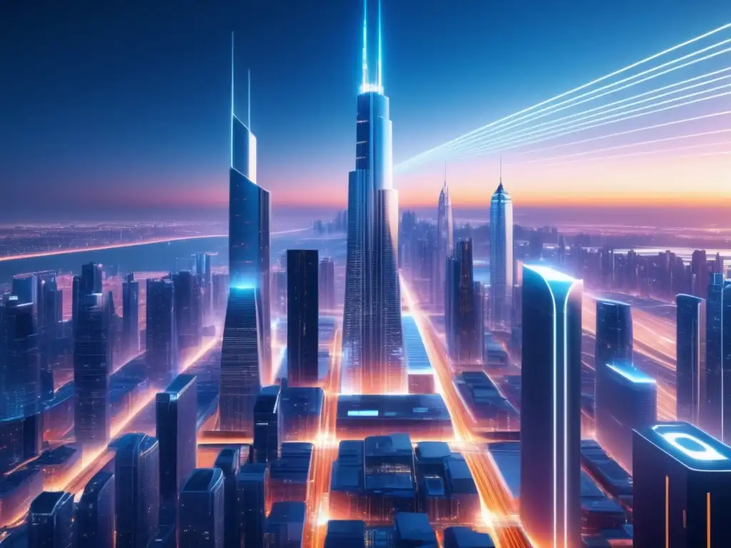 Futurista ciudad con rascacielos de materiales reflectantes y cables de fibra óptica