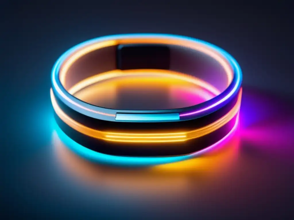 Ventajas wearables con fibra óptica: imagen futurista de pulsera luminosa con pantalla táctil y datos de salud y fitness