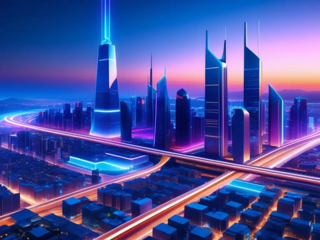 Ciudad futurista al atardecer, edificios modernos con diseños minimalistas iluminados por cables de fibra óptica sostenible