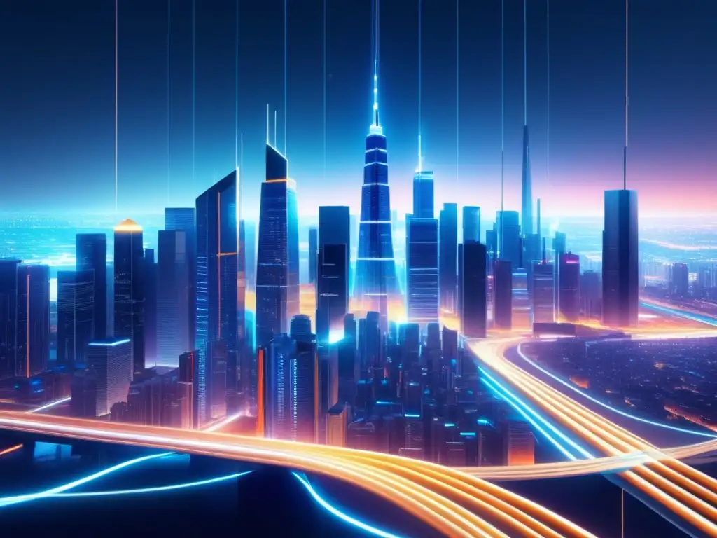 Impacto global de fibra óptica en una ciudad futurista con cables de fibra óptica interconectados que iluminan el paisaje urbano