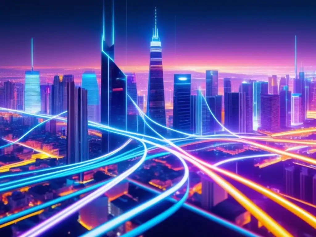 Ciudad futurista iluminada por cables de fibra óptica, representando los beneficios de la fibra óptica en IoT