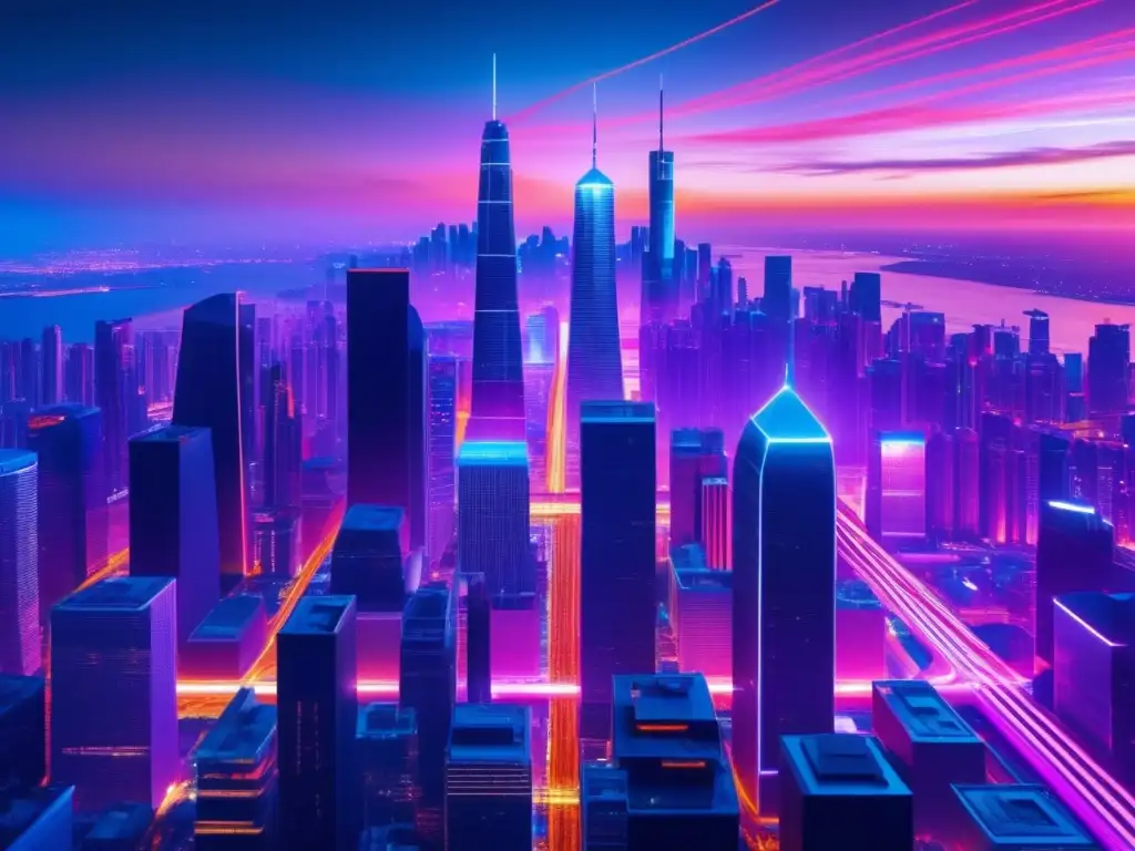 Futurista ciudad nocturna con rascacielos iluminados por luces neón y una red de cables de fibra óptica: Historia de la fibra óptica global