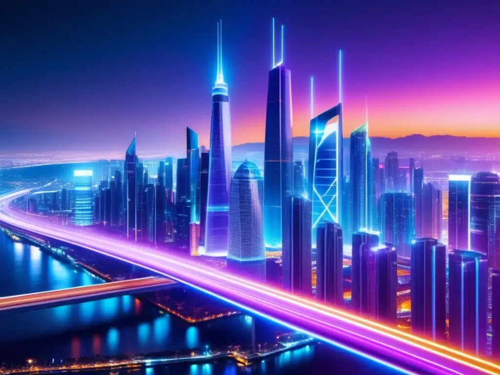 Ventajas de la fibra óptica: Ciudad futurista conectada con cables luminosos