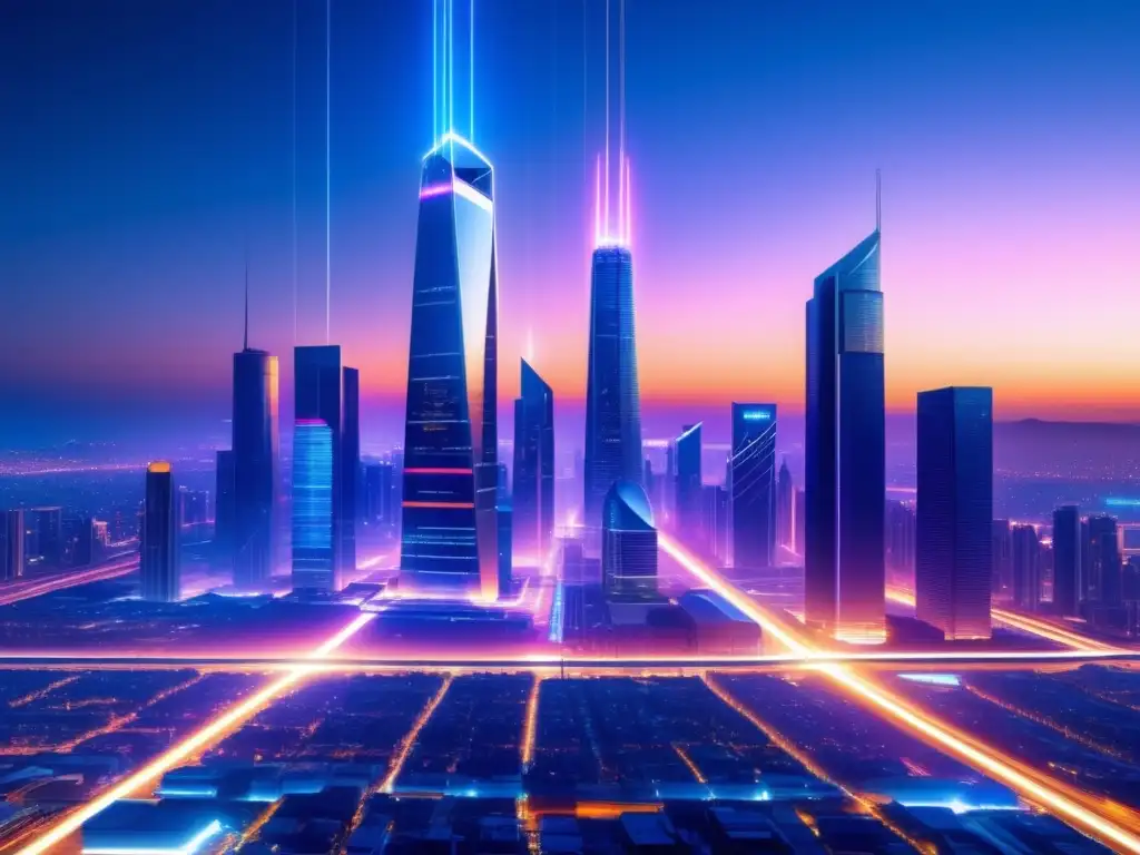 Futuro conectado: Ciudad futurista con edificios modernos iluminados por fibra óptica