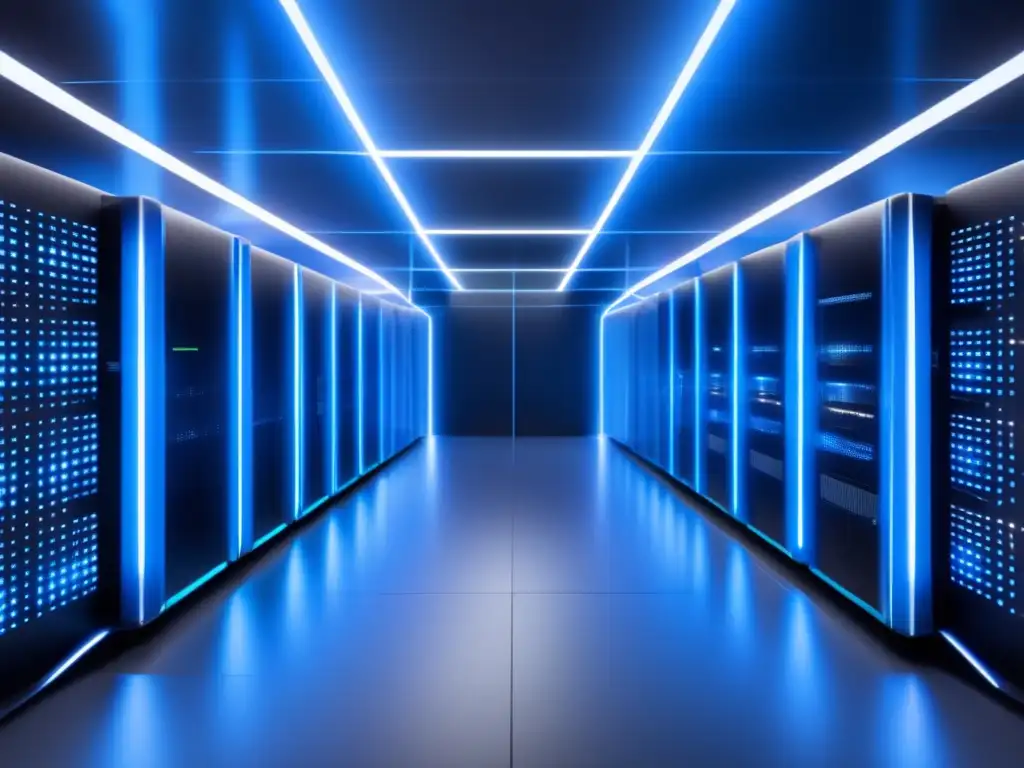 Data center futurista con tecnología óptica y servidores eficientes