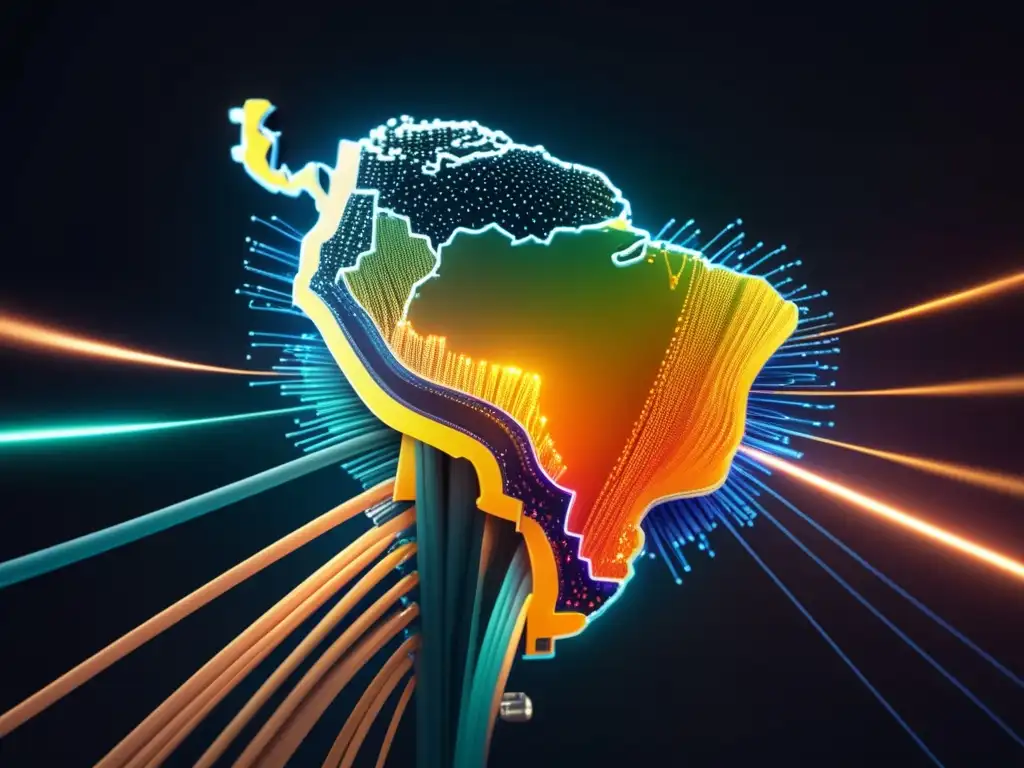 Futuro fibra óptica América Sur - Imagen 8k ultradetallada muestra red de cables ópticos translúcidos y vibrantes colores, simbolizando innovación