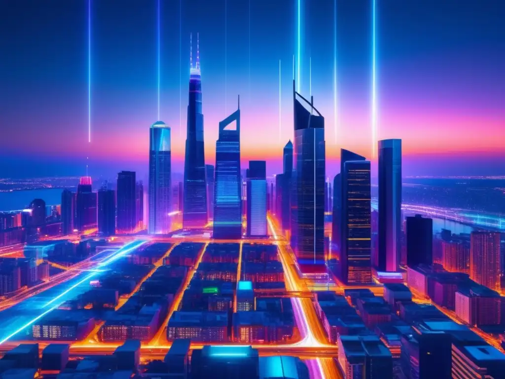 Impulso de IoT con fibra óptica: ciudad futurista iluminada por luces vibrantes y conectada por cables de fibra óptica iridiscentes