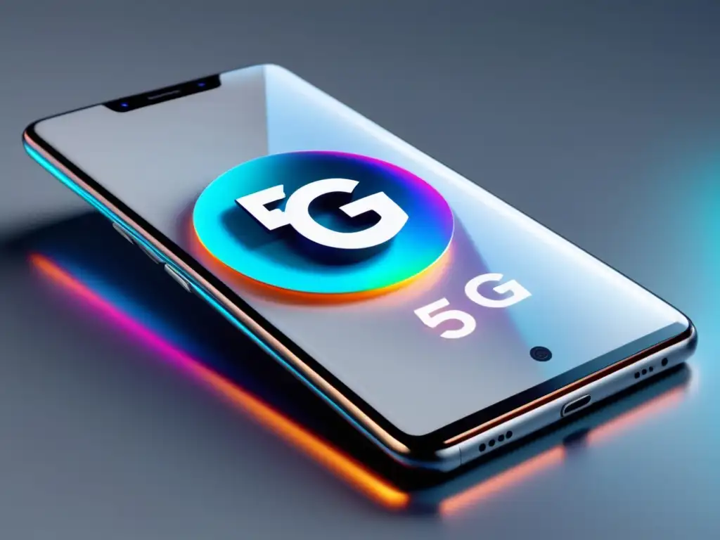 Smartphone futurista blanco con logo 5G vibrante en pantalla, rodeado de proyecciones holográficas de dispositivos IoT