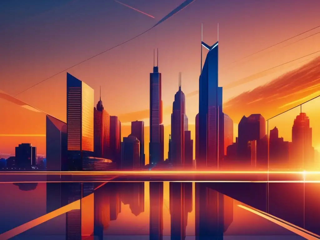 Futurista diseño minimalista de una ciudad al atardecer, con rascacielos reflejando colores del atardecer y rodeada de naturaleza