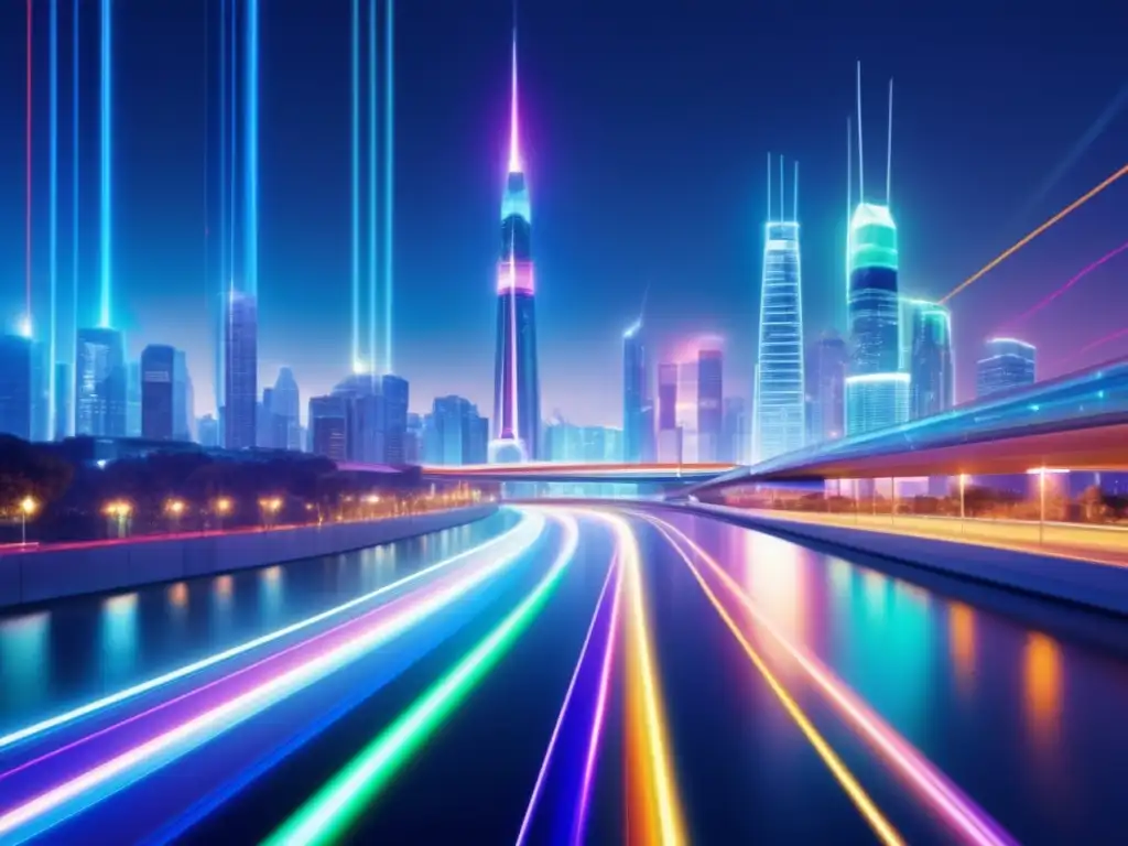 Ventajas de la fibra óptica en una ciudad futurista con cables luminosos