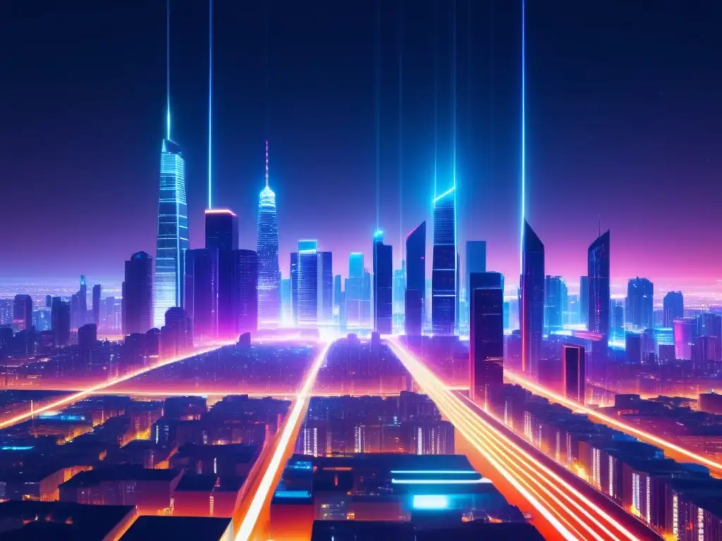 Ciudad futurista nocturna con edificios altos y luces de neón, simbolizando la privacidad en Internet con fibra óptica