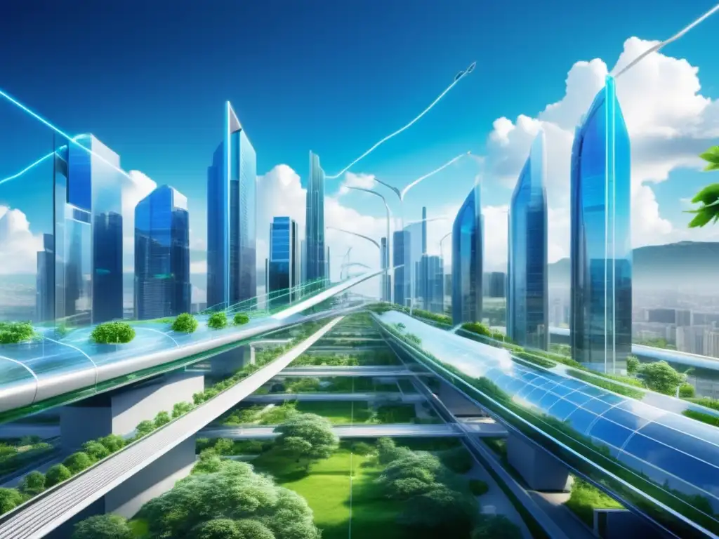 Futurista ciudad con edificios de vidrio y acero, integración de naturaleza y vida urbana, tecnología de fibra óptica y comunicación global