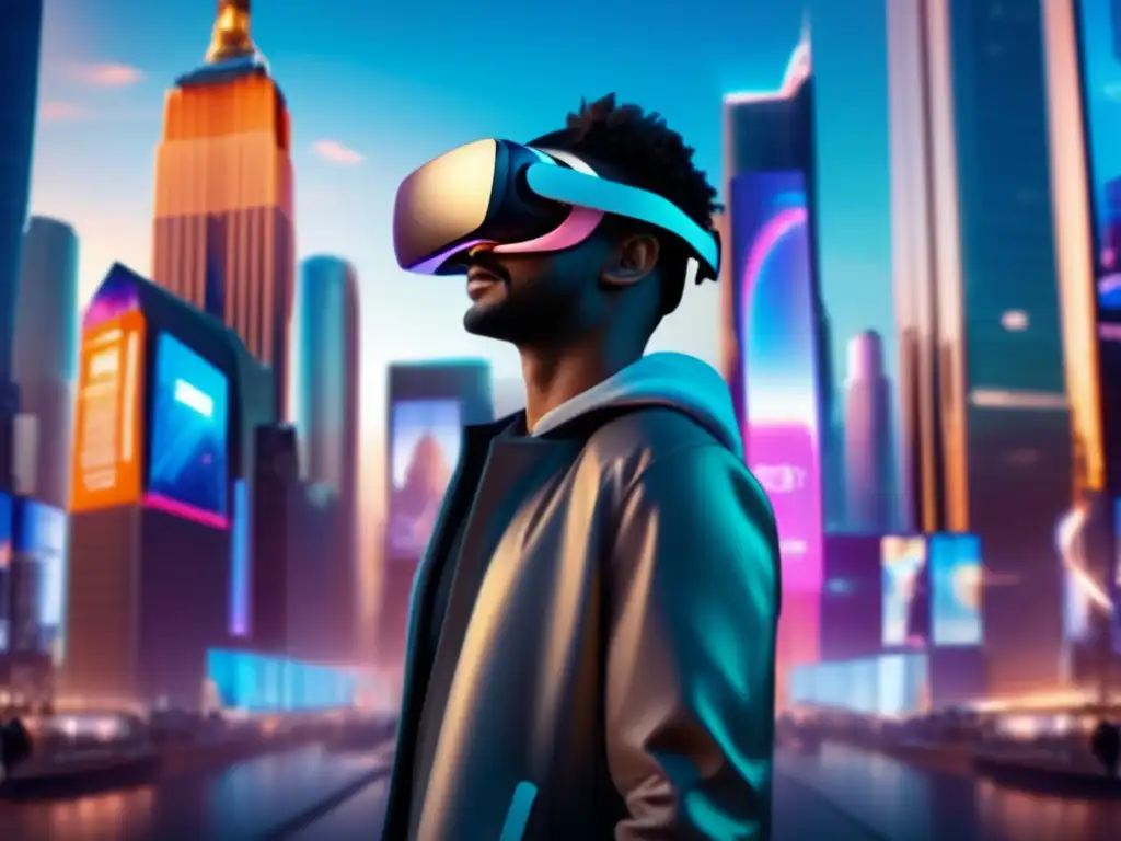 Persona en VR rodeada de AR futurista en ciudad con rascacielos, anuncios y objetos virtuales