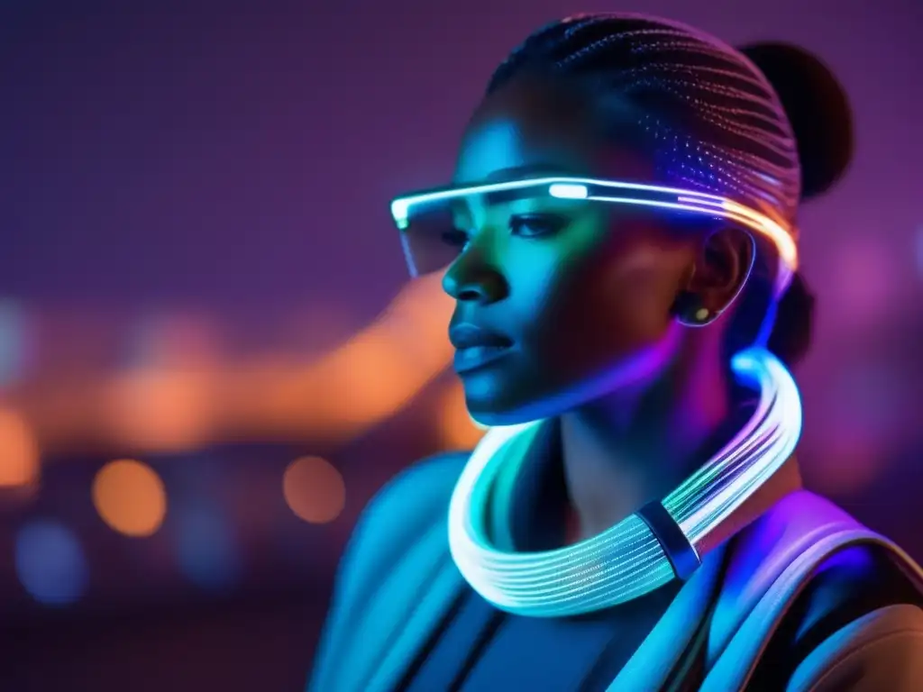 Persona con dispositivo wearable futurista con cables de fibra óptica tejidos en el diseño