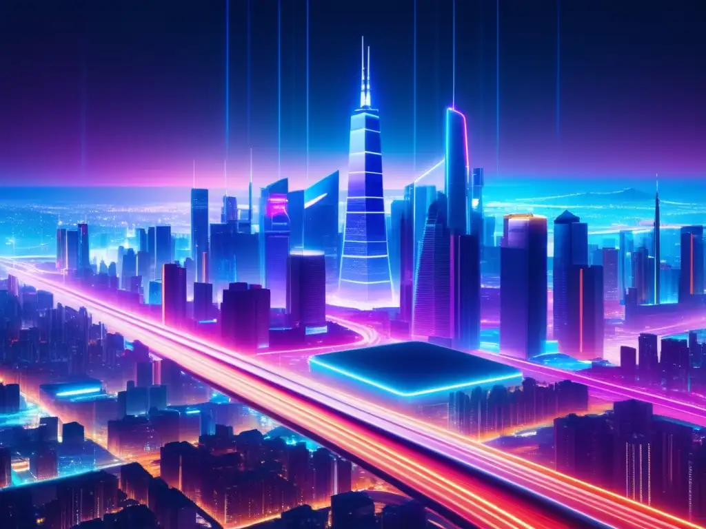 Ciudad futurista nocturna, con luces neón y redes de fibra óptica