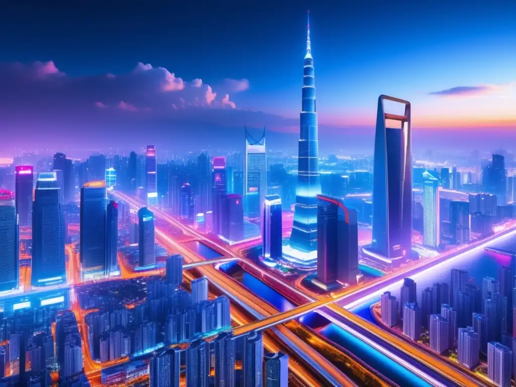 Beneficios de la fibra óptica en Asia Central: Ciudad futurista con iluminación neón y moderna infraestructura