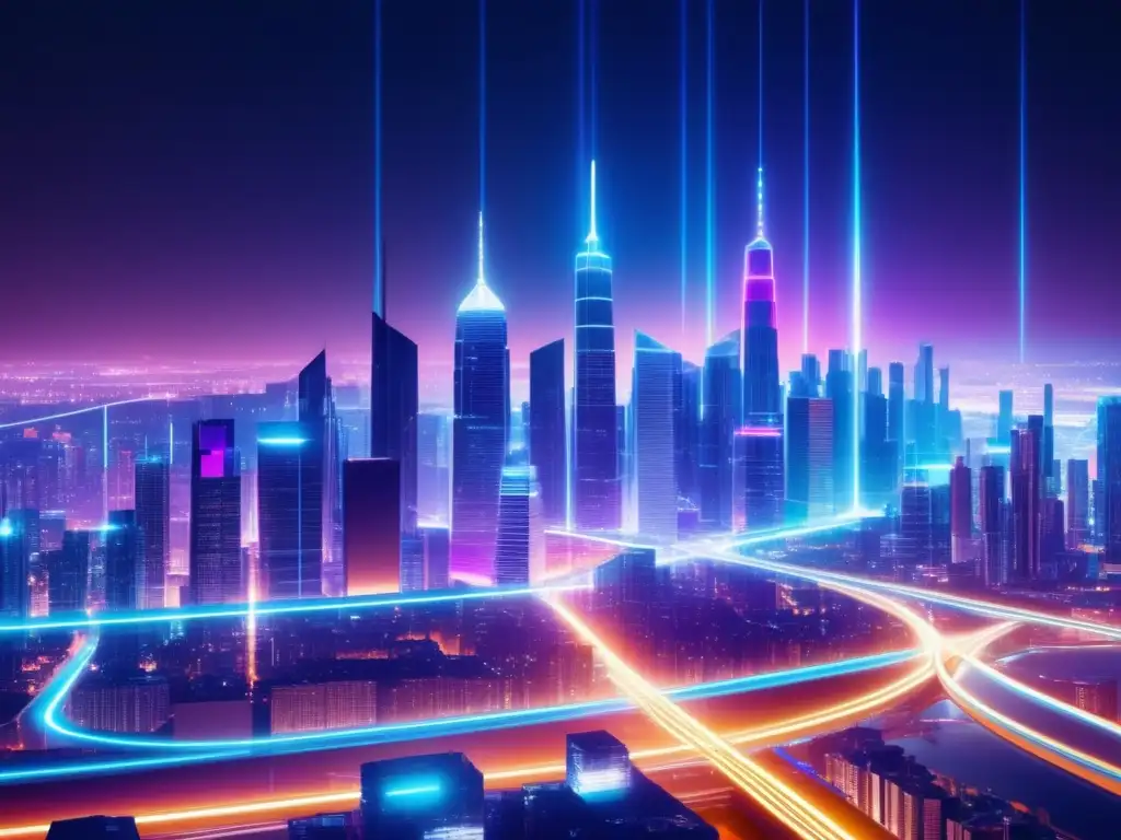 Ventajas de la fibra óptica en IoT: Ciudad futurista con edificios modernos iluminados por luces de neón, cables de fibra óptica entrelazados y dispositivos IoT minimalistas