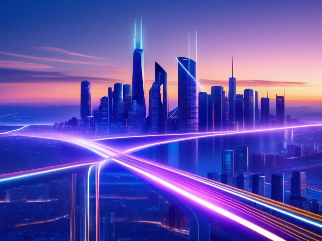 Impacto de la fibra óptica en ciudades inteligentes: ciudad futurista con rascacielos modernos y cables de fibra óptica iluminados