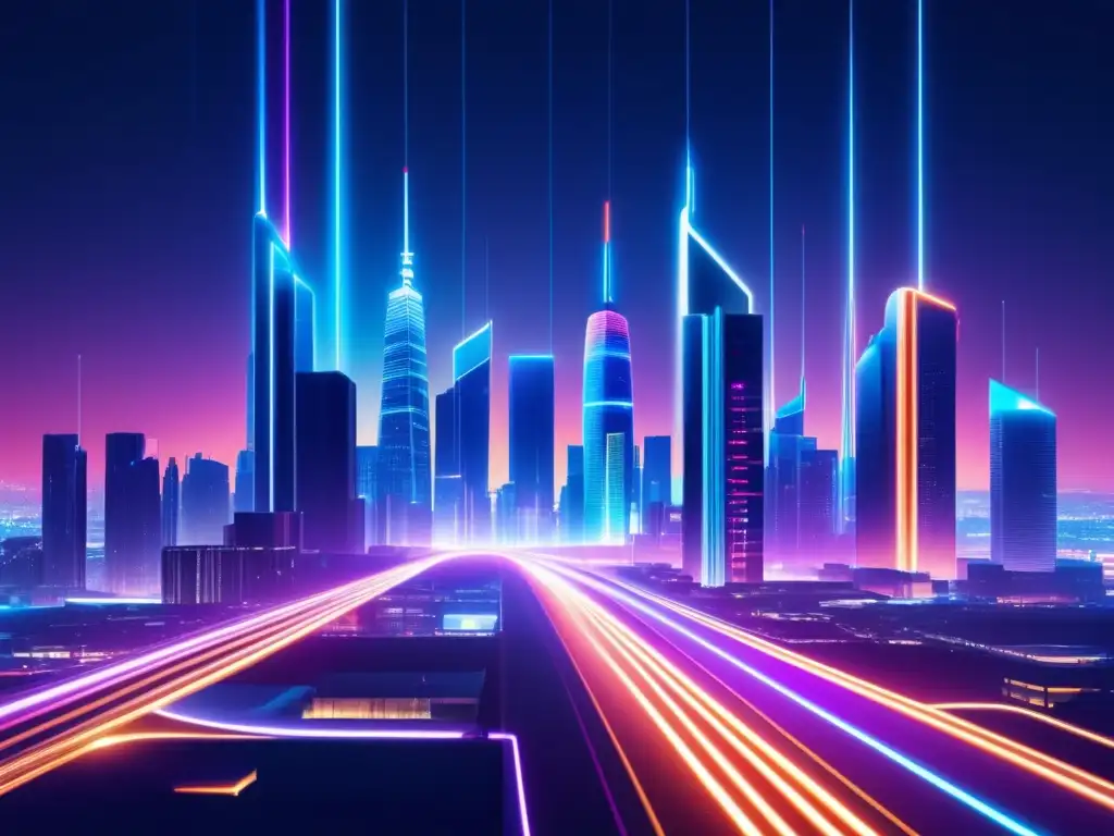 Ciudad futurista con beneficios de fibra óptica en el 5G