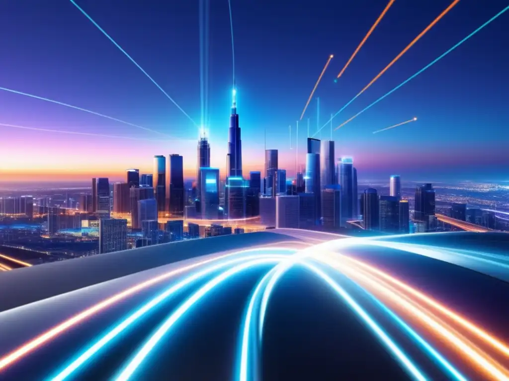 Beneficios 5G en fibra óptica: imagen futurista de una red de cables iluminados, simbolizando la velocidad y conectividad del 5G