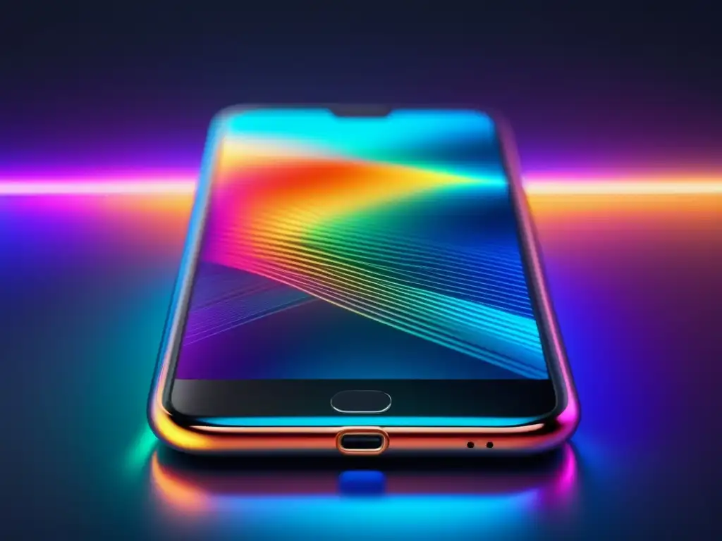 Un smartphone minimalista con cuerpo transparente y cables de fibra óptica entrelazados en colores vibrantes, representando la eficiente transmisión de datos