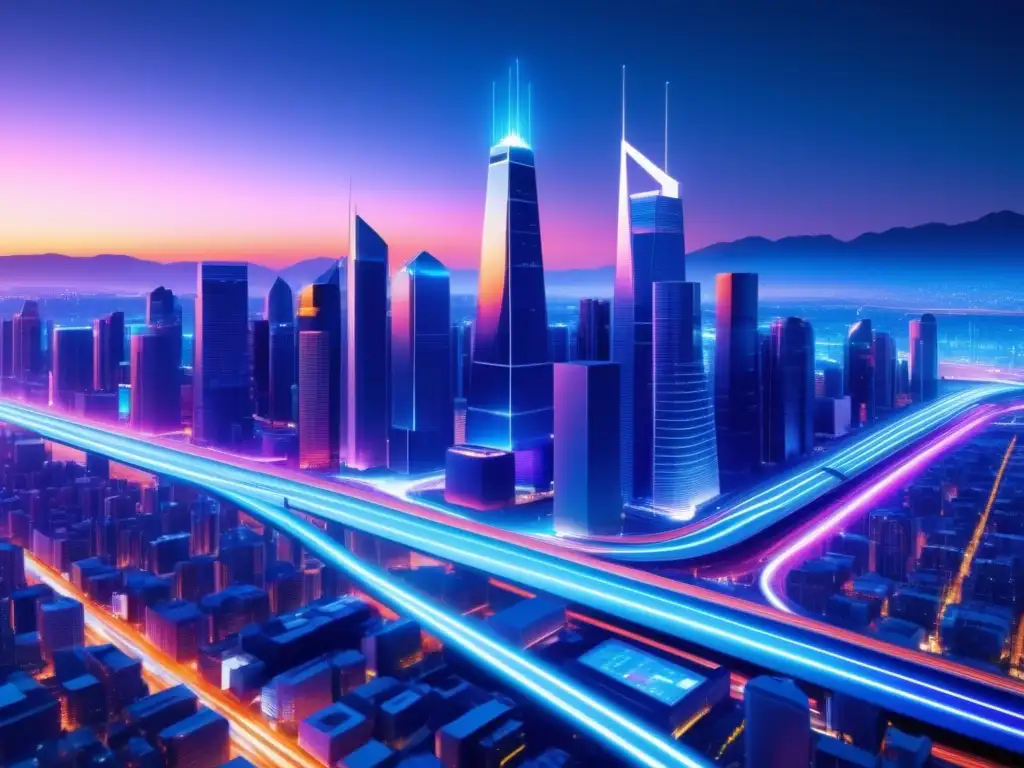 Impacto de la fibra óptica en IoT: Ciudad futurista con edificios modernos, luces LED y cables de fibra óptica que conectan dispositivos y tecnologías